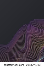 Gradient Line Motion Vector Black Background. Neon Wave Abstract Cover. Blend Creative Template. Color Curve Smooth Texture.