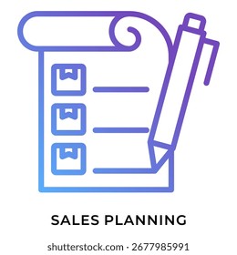Icono de planificación de ventas de líneas de degradado: documento de Plan comercial con lápiz