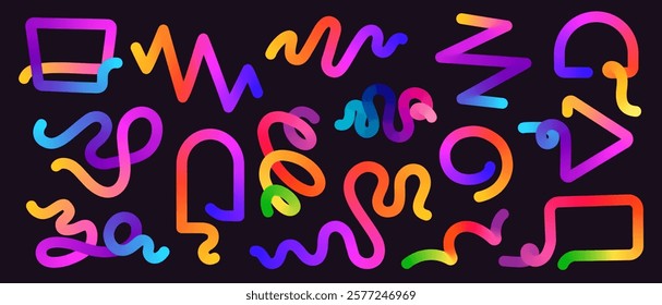 Gradient line shapes. Abstract wavy ribbon curves with fluid color, playful dynamic squiggle swirl and spiral waving elements with gradient. Vector collection.