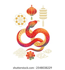 Gradient line snake lantern flower cloud, CNY. Greeting card happy chinese New Year 2025. Zodiac sign with hanging lamp lantern, for banner design. China lunar calendar oriental spring festival card