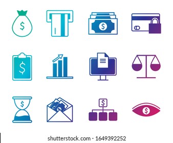 gradient line style icon set of tax finance money financial item banking commerce market payment buy currency accounting and invest theme Vector illustration
