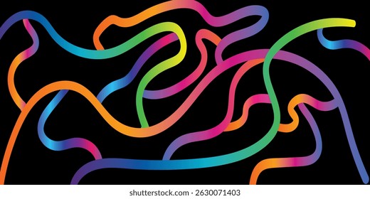 Líneas degradadas con fondo negro. Curva Abstractas, Onda y Cintas Espirales. Patrón de color de arco iris de Vector con Formas 3D. Ilustración de celebración dinámica
