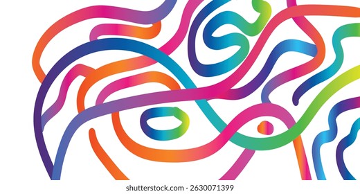 Gradient Lines with white background. Abstract Curve, Wave and Spiral Ribbons. Vector Rainbow Colored Pattern with 3D Shapes. Dynamic Celebration Illustration