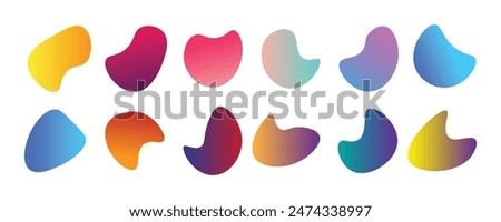 Gradient liquid blob shapes. Big set of abstrect irregular fluid shapes. Vector silhouettes of simple rounded smoot water forms with white background.