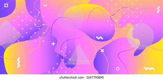 Gradient Liquid Concept. Hipster Geometric Illustration. Abstract Vector Website. Purple Fluid Banner. Creative Liquid Poster. Yellow Geometric Background. Abstract Graphic Layout. Liquid Motion.