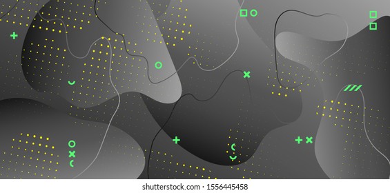 Gradient Liquid Motion. Fashion Geometric Composition. Abstract Graphic Website. Black Wave Banner. Creative Liquid Design. Dark Digital Decoration. Hipster Flow Shape. Gray Liquid Poster.