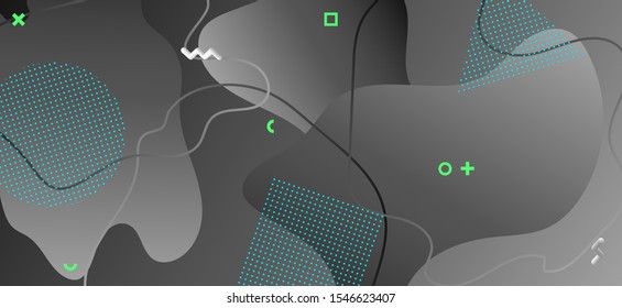Gradient Liquid Poster. Fashion Digital Illustration. Abstract Graphic Placard. Black Fluid Cover. Hipster Liquid Design. Dark Geometric Background. Creative Fluid Shape. Gray Liquid Motion.