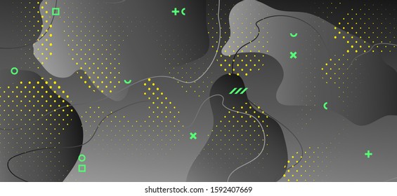 Gradient Liquid Poster. Hipster Memphis Decoration. Abstract Vector Website. Gray Fluid Shape. Creative Liquid Concept. Dark Digital Illustration. Fashion Wave Shape. Black Liquid Design.