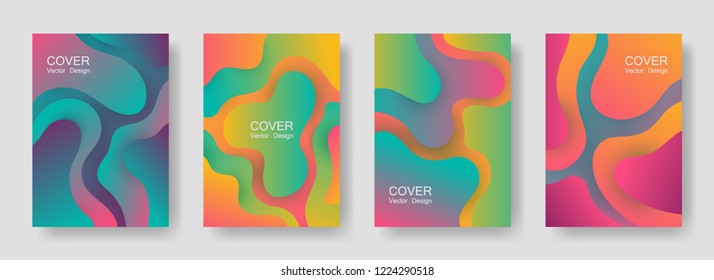 Gradient liquid shapes abstract covers vector collection. Futuristic folder backgrounds design. Organic bubble fluid splash shapes, oil drop molecular mixture concept backdrop. Cover pages.