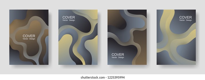 Gradient liquid shapes abstract covers vector set. Business magazine backgrounds design. Organic bubble fluid splash shapes, oil drop molecular mixture concept pattern. Cover layouts.