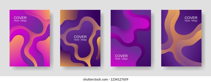 Gradient liquid shapes abstract covers vector collection. Advertising brochure backgrounds design. Flux paper cut effect blob elements backdrop, fluid wavy shapes texture print. Cover layouts.