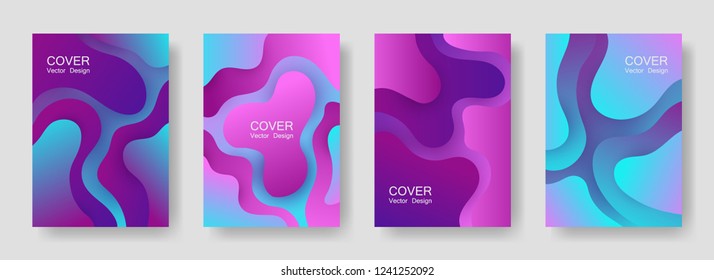 Gradient liquid shapes abstract covers vector collection. Colorful magazine backgrounds design. Organic bubble fluid splash shapes, oil drop molecular mixture concept backdrop. Cover pages.