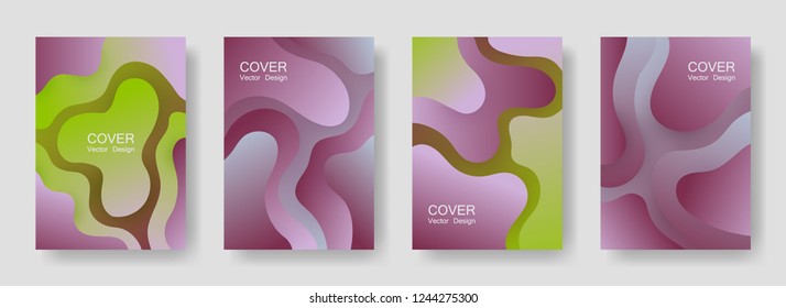 Gradient liquid shapes abstract covers vector collection. Trendy flyer backgrounds design. Flux paper cut effect blob elements backdrop, fluid wavy shapes texture print. Cover templates.