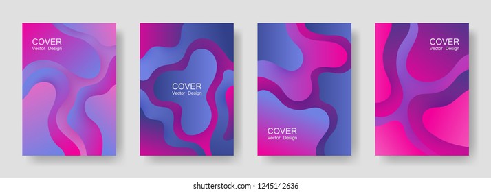 Gradient liquid shapes abstract covers vector collection. Geometric presentation backgrounds design. Organic bubble fluid splash shapes, oil drop molecular mixture concept backdrop. Cover templates.