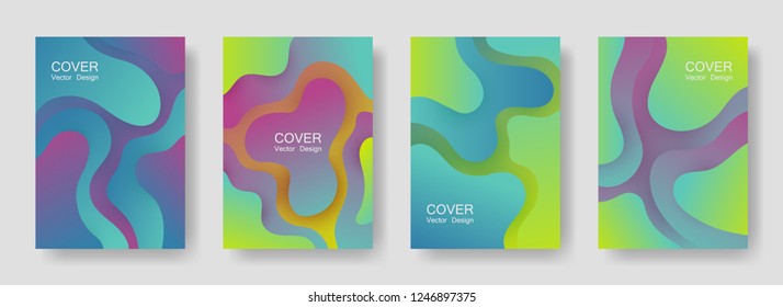 Gradient liquid shapes abstract covers vector set. Scientific brochure backgrounds design. Flux paper cut effect blob elements pattern, fluid wavy shapes texture print. Cover pages.