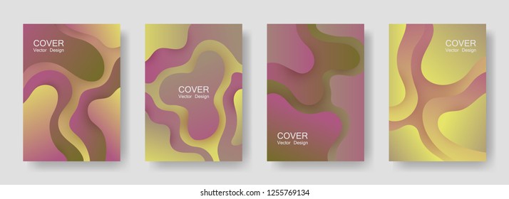 Gradient liquid shapes abstract covers vector set. Modern poster backgrounds design. Flux paper cut effect blob elements pattern, fluid wavy shapes texture print. Cover layouts.