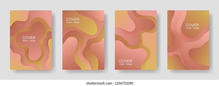 Gradient liquid shapes abstract covers vector set. Trendy flyer backgrounds design. Organic bubble fluid splash shapes, oil drop molecular mixture concept pattern. Cover layouts.