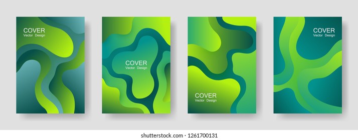 Gradient liquid shapes abstract covers vector set. Glitch presentation backgrounds design. Flux paper cut effect blob elements pattern, fluid wavy shapes texture print. Cover pages.