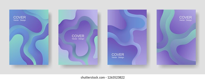 Gradient liquid shapes abstract covers vector collection. Minimal magazine backgrounds design. Flux paper cut effect blob elements pattern, fluid wavy shapes texture print. Cover templates.