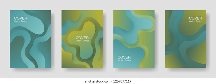 Gradient liquid shapes abstract covers vector collection. Hipster magazine backgrounds design. Flux paper cut effect blob elements backdrop, fluid wavy shapes texture print. Cover pages.