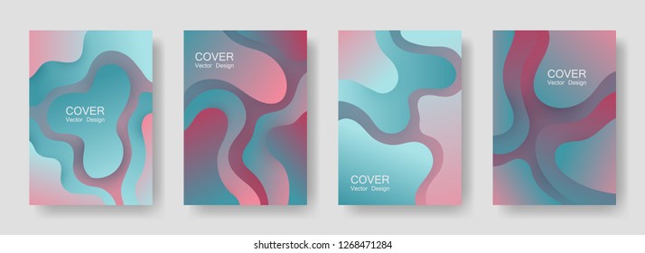 Gradient liquid shapes abstract covers vector collection. Scientific brochure backgrounds design. Flux paper cut effect blob elements pattern, fluid wavy shapes texture print. Cover pages.