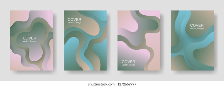 Gradient liquid shapes abstract covers vector collection. Trendy flyer backgrounds design. Flux paper cut effect blob elements backdrop, fluid wavy shapes texture print. Cover layouts.