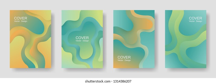 Gradient liquid shapes abstract covers vector set. Trendy brochure backgrounds design. Organic bubble fluid splash shapes, oil drop molecular mixture concept pattern. Cover layouts.