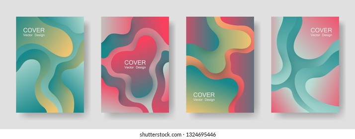 Gradient liquid shapes abstract covers vector collection. Glitch presentation backgrounds design. Flux paper cut effect blob elements backdrop, fluid wavy shapes texture print. Cover pages.