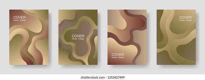 Gradient liquid shapes abstract covers vector collection. Advertising folder backgrounds design. Organic bubble fluid splash shapes, oil drop molecular mixture concept backdrop. Cover templates.