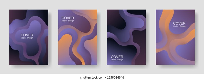 Gradient liquid shapes abstract covers vector set. Futuristic poster backgrounds design. Organic bubble fluid splash shapes, oil drop molecular mixture concept pattern. Cover templates.