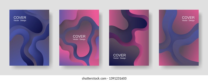 Gradient liquid shapes abstract covers vector set. Advertising flyer backgrounds design. Flux paper cut effect blob elements backdrop, fluid wavy shapes texture print. Cover layouts.