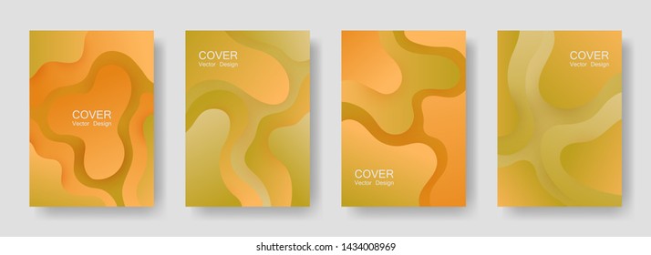 Gradient liquid shapes abstract covers vector collection. Hipster brochure backgrounds design. Organic bubble fluid splash shapes, oil drop molecular mixture concept backdrop. Cover pages.