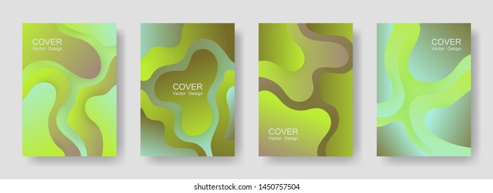 Gradient liquid shapes abstract covers vector set. Futuristic poster backgrounds design. Organic bubble fluid splash shapes, oil drop molecular mixture concept backdrop. Cover templates.