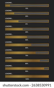 Gradient Loading Progress Bars Displaying Percentages from 10% to 100% in Gold and Black for UI and Tech Design Concepts	