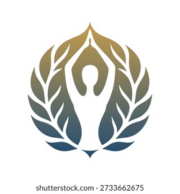 Ein Farbverlauf-Logo mit einer Person in einer Yoga-Pose, umgeben von Blättern
