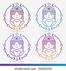 Gradient logo set with girl and heart isolated on background. Cartoon concept doodle art for textile, t-shirt print, magazine, child book, website, banner, app and design project. Vector illustration.