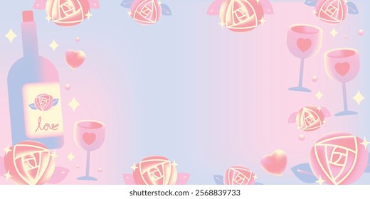 Gradient love concept background banner with wine beverage rose flower and heart