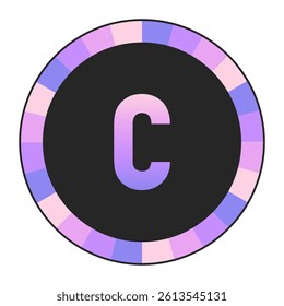 Gradient lowercase Letter c in Purple and Pink with Pastel Pink and Blue Circular Frame on Light Background, enclosed in a black frame.