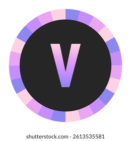 Gradient lowercase Letter v in Purple and Pink with Pastel Pink and Blue Circular Frame on Light Background
