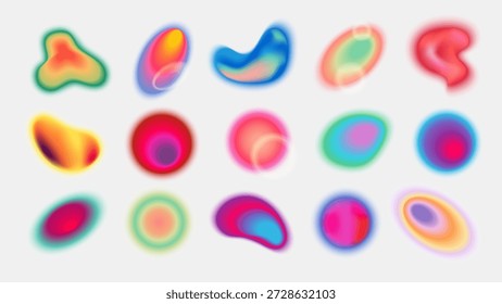 Formas luminosas de gradiente, gradiente de malha borrada futurista retrô. Esferas de néon brilhantes com efeito de aura. Corpos cósmicos com efeito bokeh