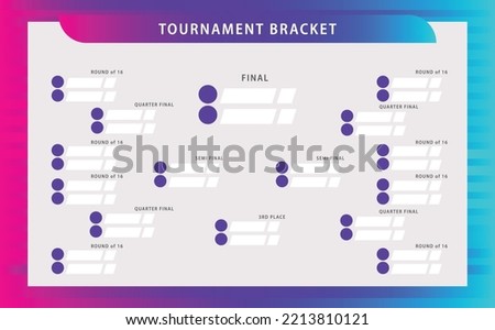 Gradient magenta and blue colored vector tournament bracket. Simple black and white knocked-off stages. Suitable for football, badminton, basketball, and other sports.
