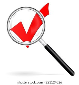 Gradient Magnifier enlarges assent,drop shadow,Isolated image of a magnifying glass,red check mark under a magnifying glass