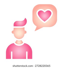 Gradient Man with heart message icon for Valentine’s Day. Shiny male avatar with love chat bubble symbol for romance, dating, crush, boyfriend, message, greeting card, app, and Valentine design projects.
