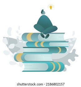 Gradient man sitting on the books looking at a light bulb for the theme back to school