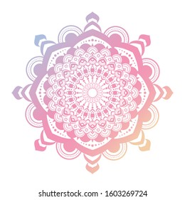 gradient mandala on white background. Vector boho mandala in blue and pink colors. Mandala with eye patterns. Yoga template