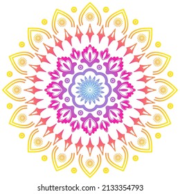 Gradient mandala round ethnic illustration. Purple, violet and yellow colors.