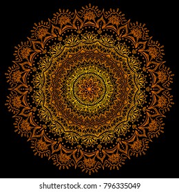 Gradient mandala texture. Vector ethnic ornament with gold and red colors.