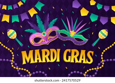 gradient mardi gras background illustration with mask, confetti, beads, and maracas