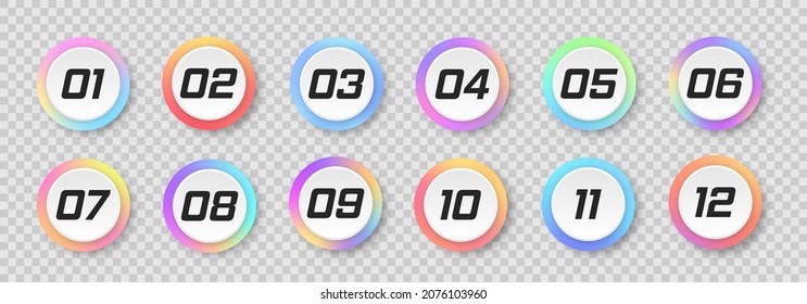 Gradient markers. Number bullet points set 1 to 12. Volumetric buttons with shadow. Set of graphic pointer with steps.