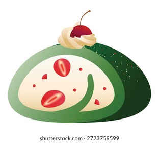 Gradient matcha cake roll topped with cream and cherry. Isolated on the white background. Vector Illustration, flat cartoon Icons.